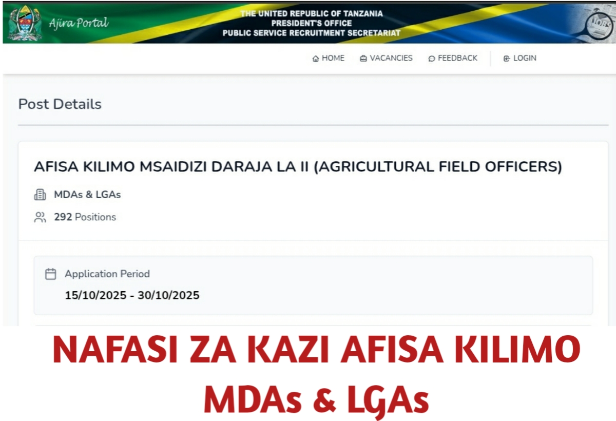 Nafasi 292 za kazi Afisa Kilimo Msaidizi kutoka MDAs na LGAs 2025